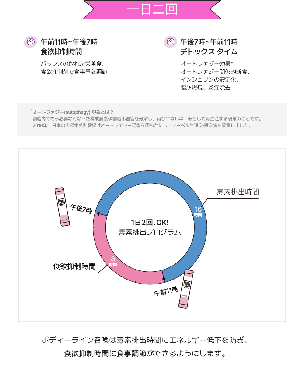 午前11時~午後7時食欲抑制時間/午後7時~午前11時デトックス·タイム